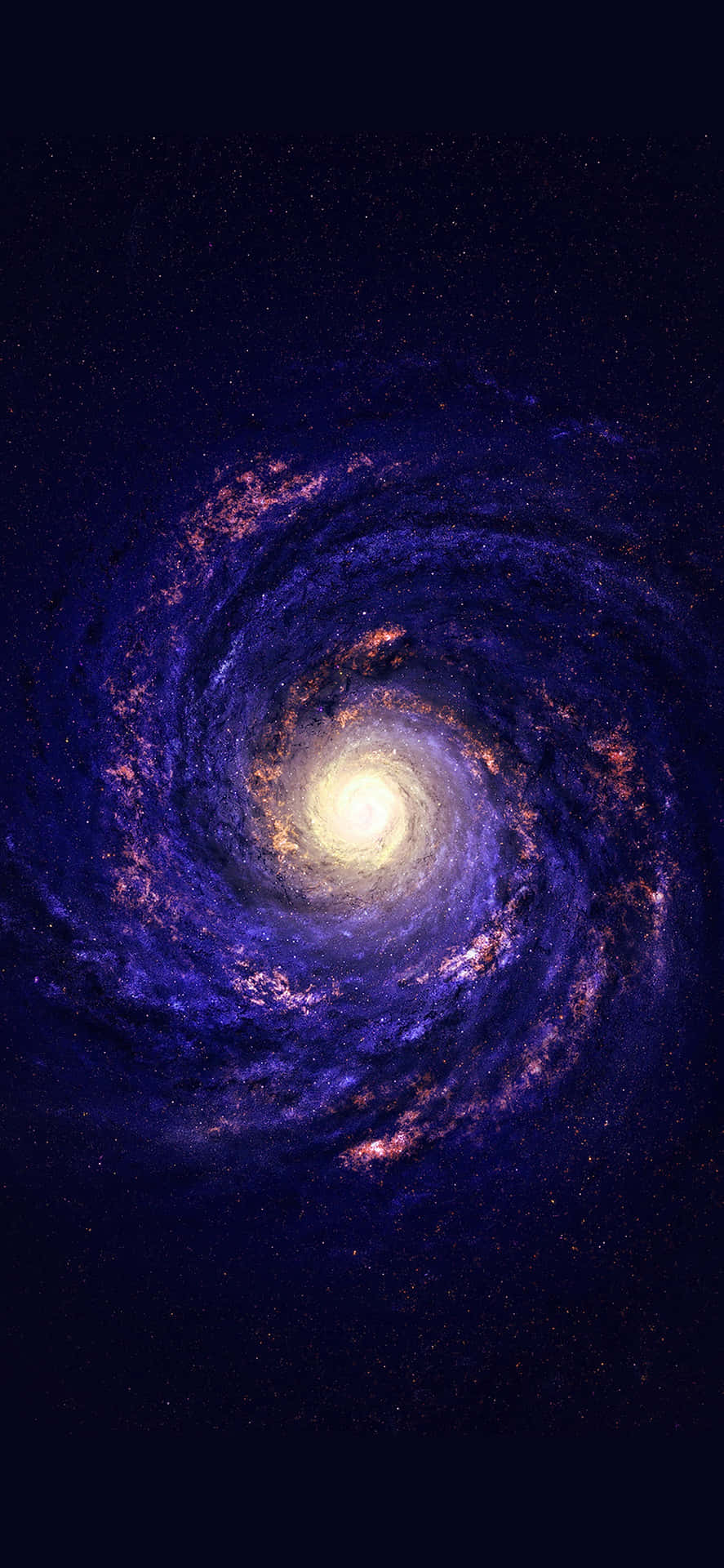 一個充滿活力的螺旋星系，在黑暗的宇宙背景下，帶有紫色旋臂和橙色星團。