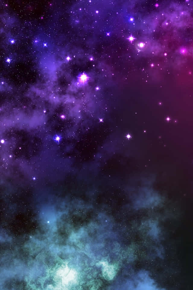 充滿活力的宇宙星雲，有發光的恆星和旋轉的紫色、粉紅色和藍綠色雲朵。