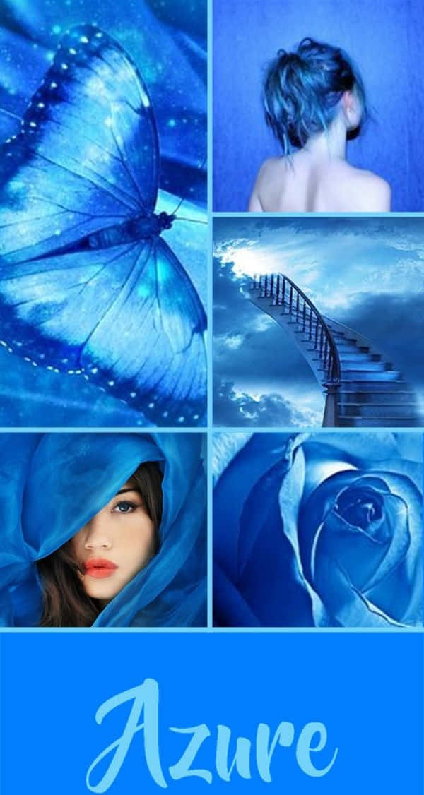Azure Blue 桌布 壁紙 — 以藍色為主題的拼貼畫，包含發光的蝴蝶、藍髮女子、螺旋樓梯、戴面紗的女子和藍玫瑰。
