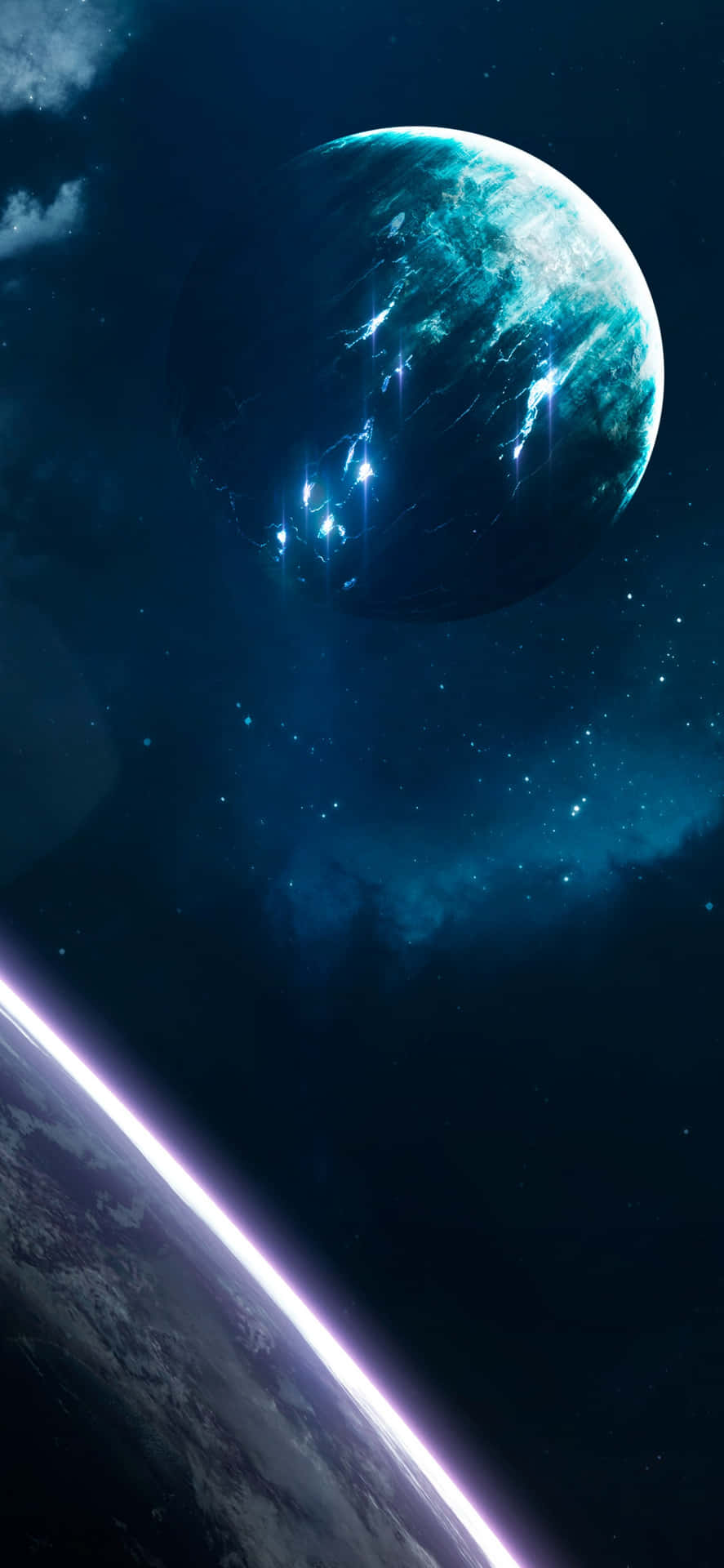 一顆發光的藍色行星帶有能量光束，漂浮在太空中彎曲的地球地平線之上。