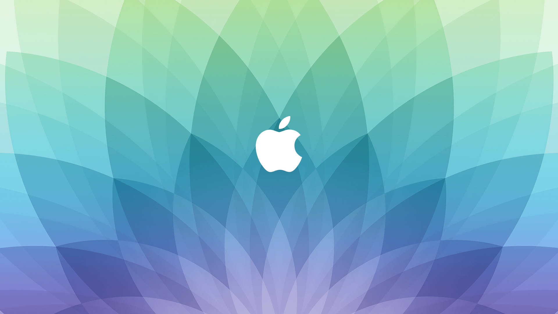Apple標誌在抽象花瓣背景上，漸層藍、綠、紫