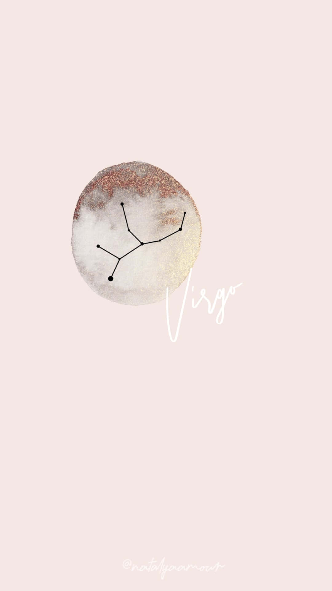 水彩圓圈中的處女座星座，粉紅色背景上的草書文字。