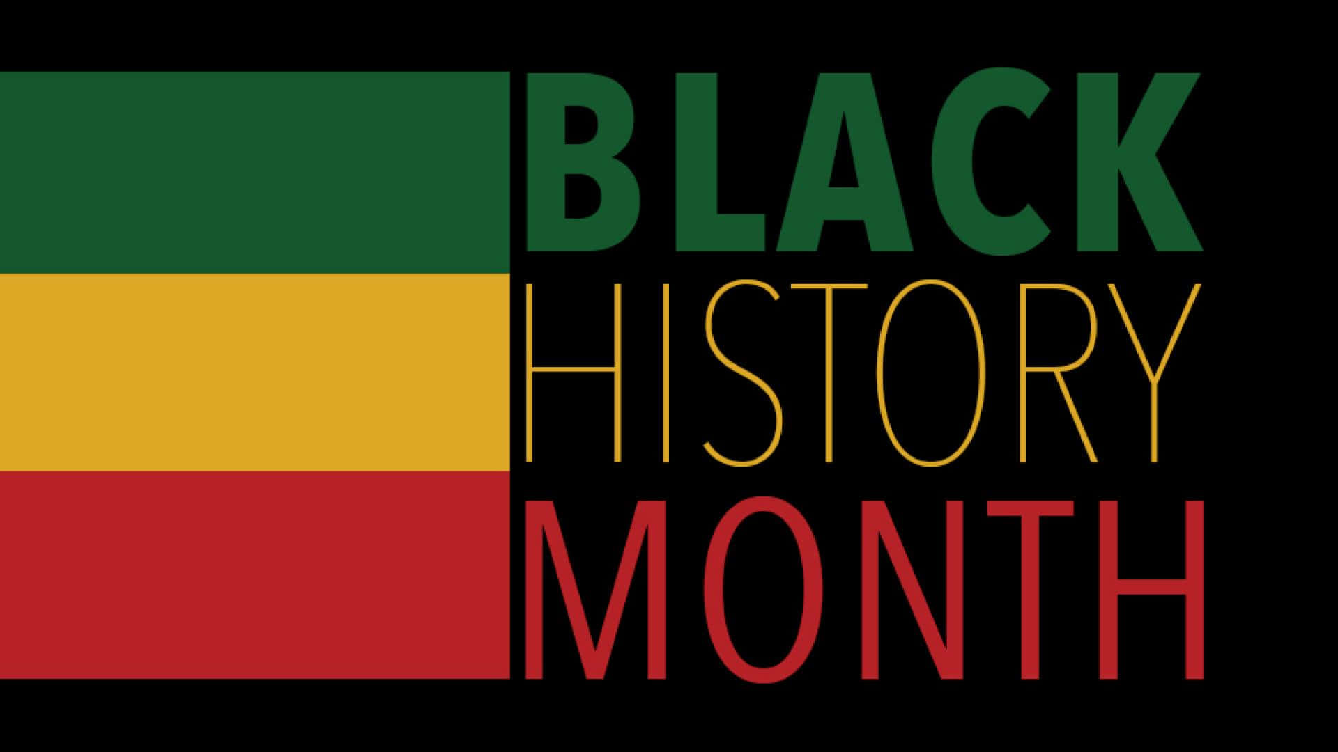 以衣索比亞國旗色彩呈現的黑歷史月字體背景 壁紙 — 粗體文字 Black History Month 覆蓋在帶有綠色、黃色和紅色水平條紋的黑色背景上。
