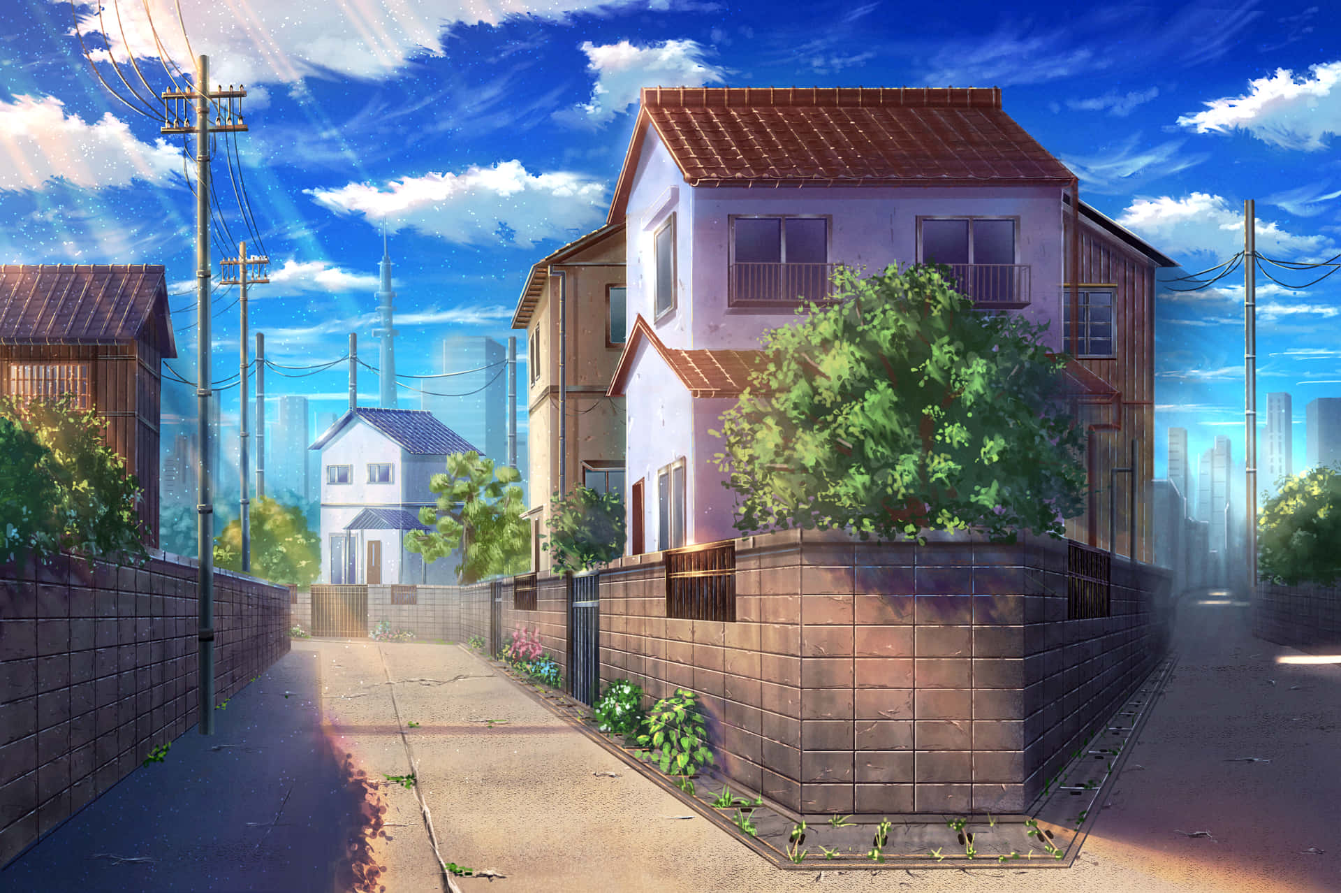 動漫風格的住宅街道，在明亮的藍天下有房屋和綠植。