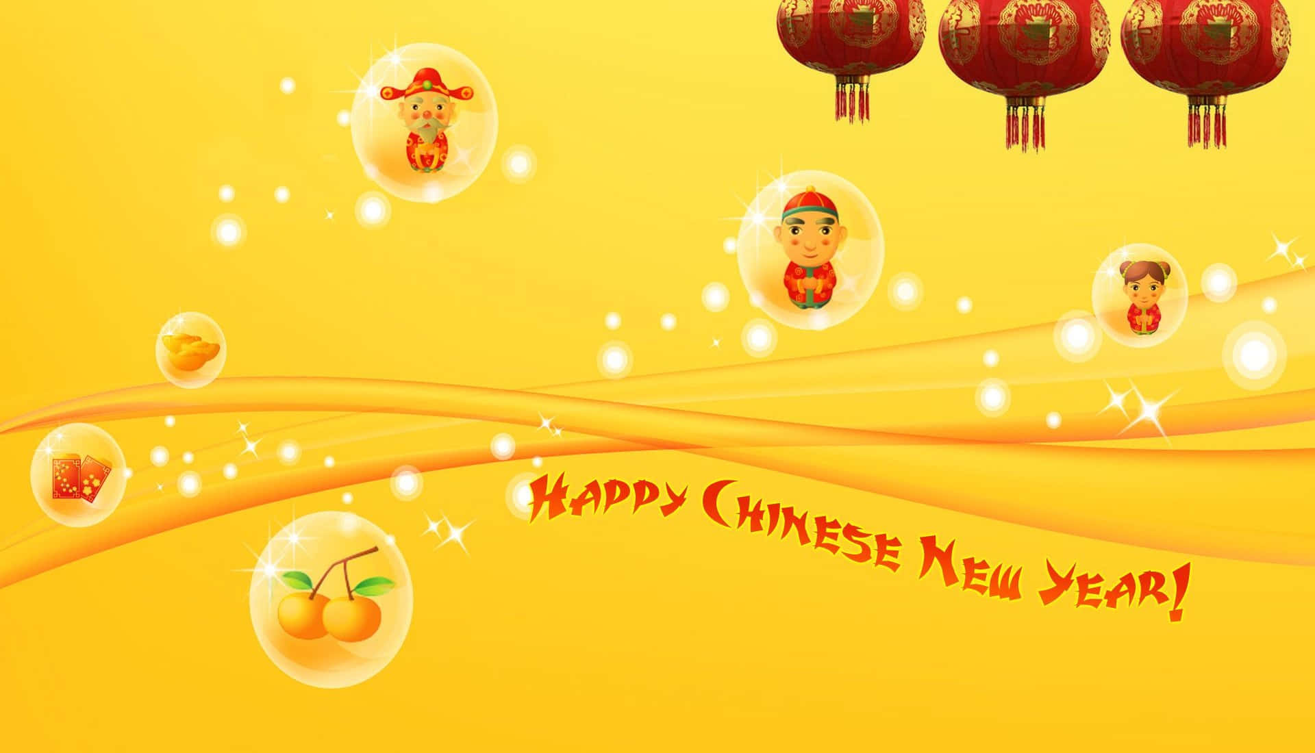 快樂的農曆新年問候，帶有紅色燈籠和氣泡中的節日符號。