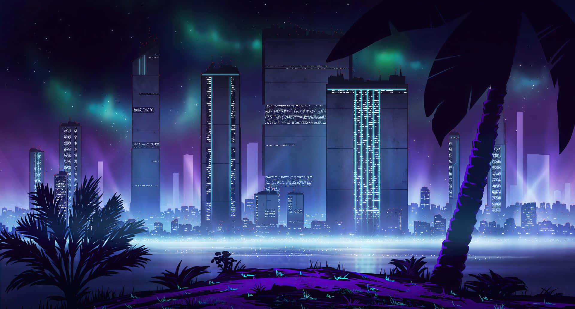未來城市天際線夜景，霓虹燈和棕櫚樹，極光下。