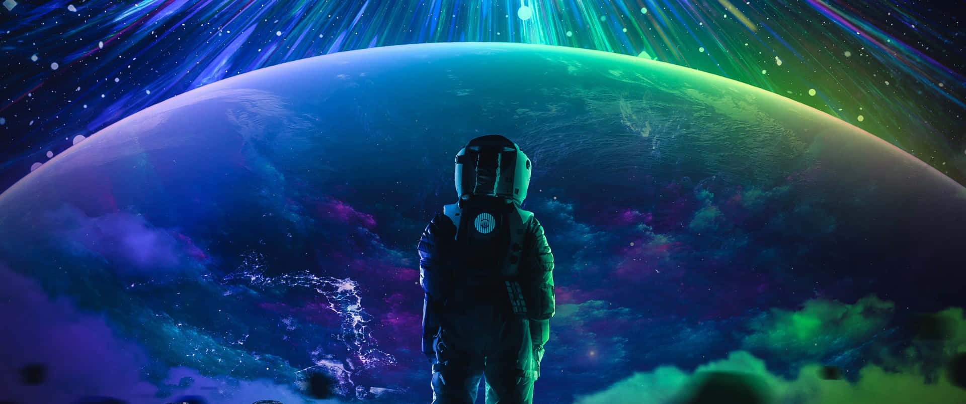太空人從太空凝視一個色彩繽紛的外星世界。