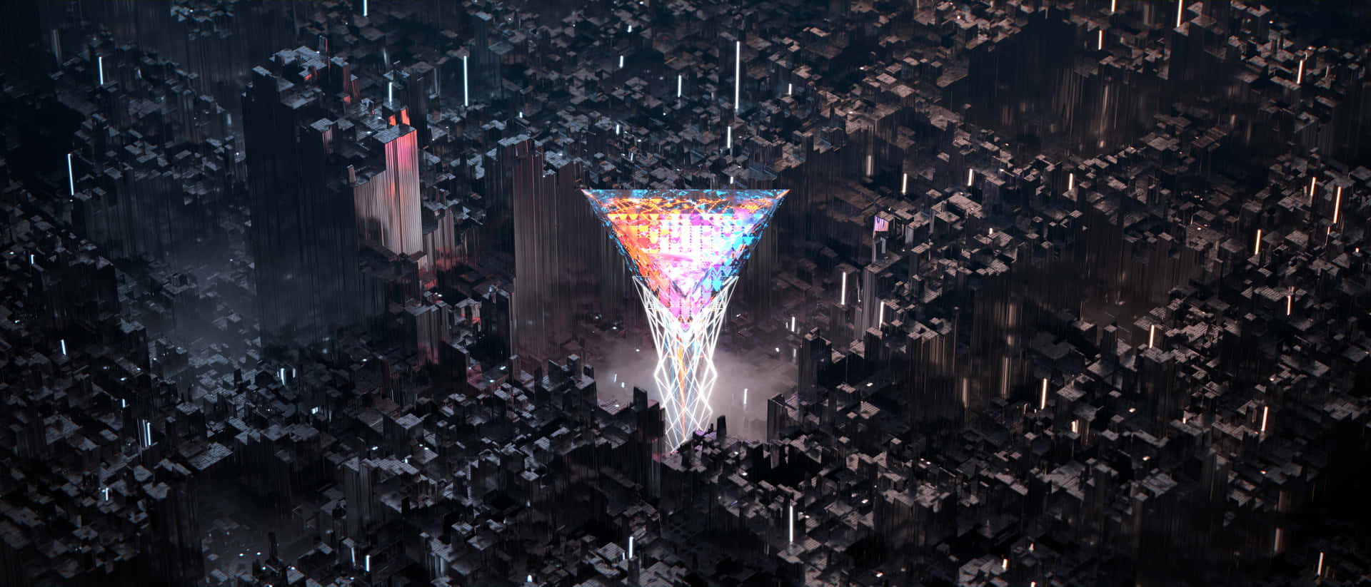 黑暗未來城市夜景中的發光金字塔結構。