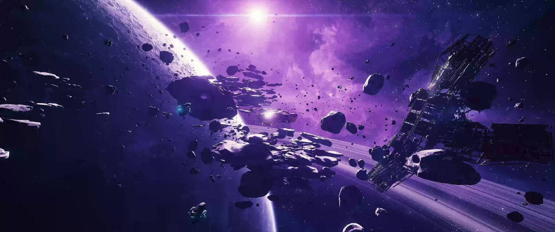 未來風格太空船飛越紫色小行星帶，靠近發光行星。