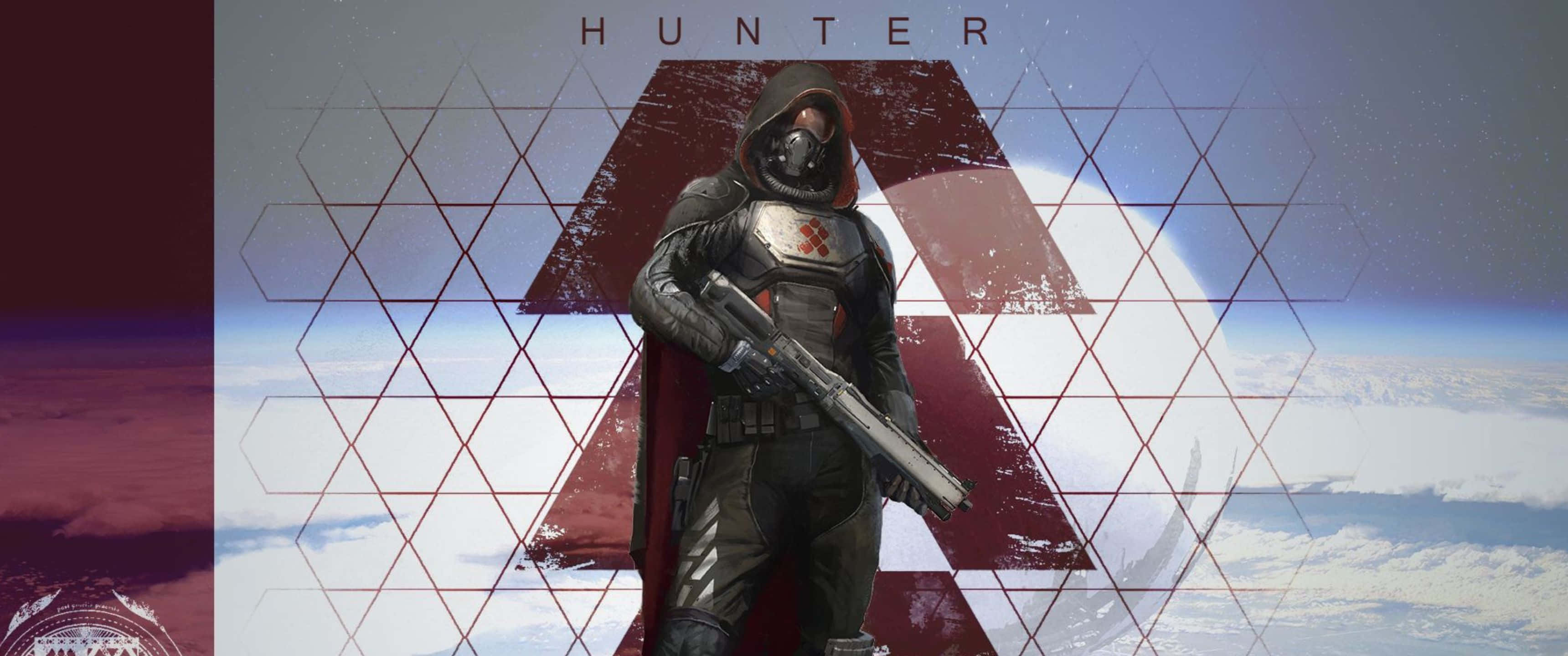 以超高清畫質暢玩《Destiny 2》 壁紙 — 一個戴著兜帽、身穿暗色盔甲的獵人站在宇宙背景前，背景中有一個行星和幾何網格疊加。