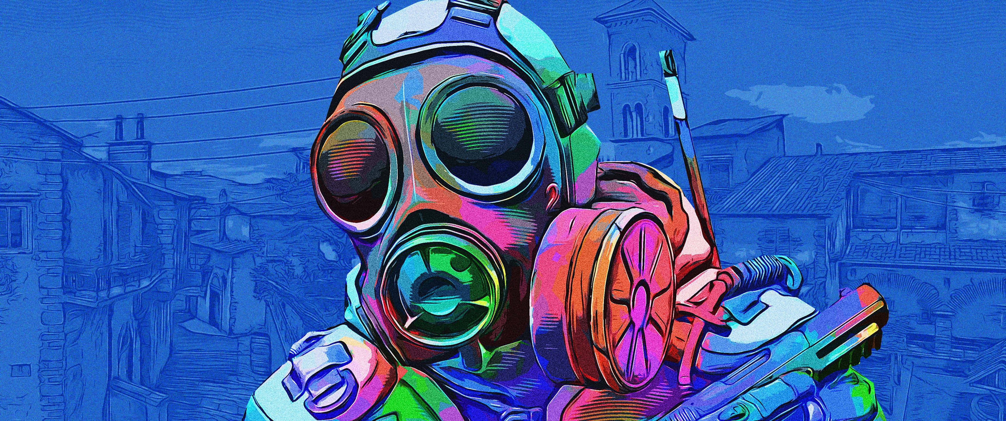 以超高清體驗《反恐精英全球 Offensive》的世界 壁紙 — 一個充滿活力的數碼藝術角色，戴著彩色防毒面具，在藍色調的城市背景下手持武器。