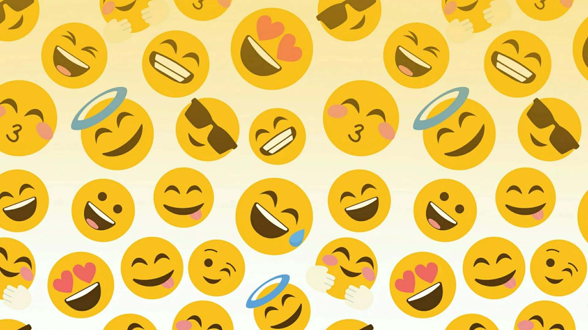 以趣味Emoji背景為您的空間增添派對氣氛 壁紙 — 一個愉快的圖案，由黃色表情符號臉孔組成，包括大笑、眨眼、微笑，並帶有心形、太陽眼鏡和光環，背景為柔和的奶油色。