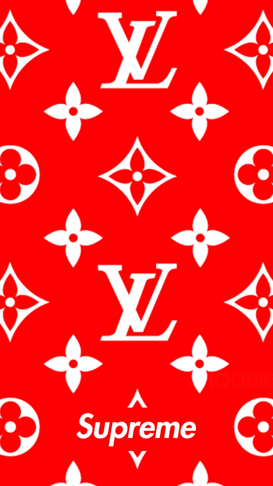 紅色背景，帶有白色 Louis Vuitton 字母組合和花卉圖案，加上 Supreme 標誌。