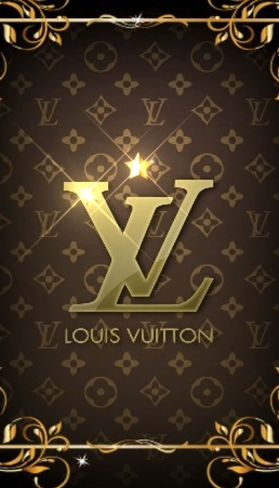金色 Louis Vuitton 標誌在字母組合背景上，帶有裝飾邊框。