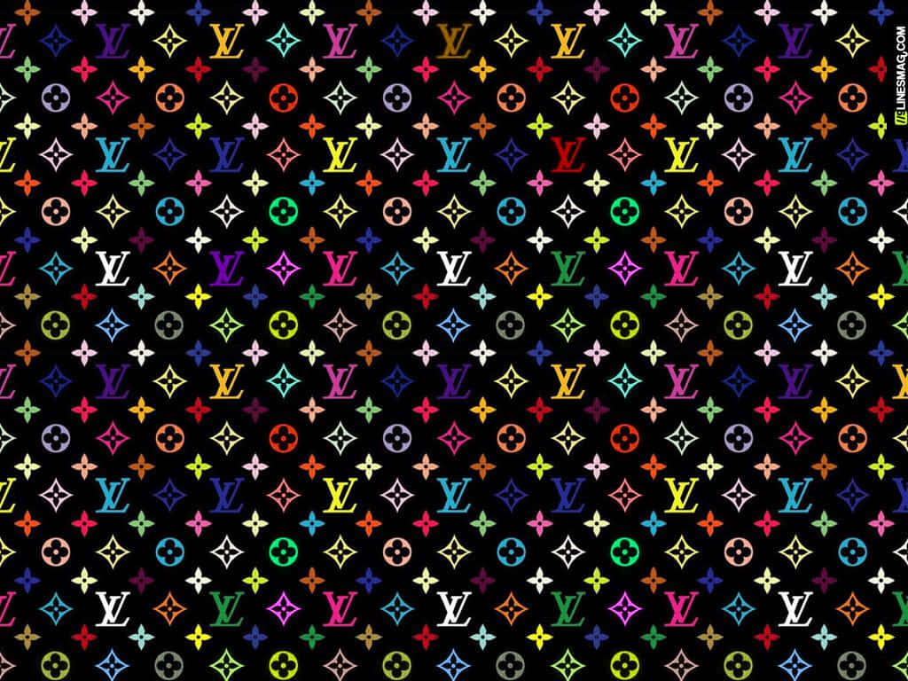以路易威登圖案展現永恆風采 壁紙 — 色彩繽紛的 Louis Vuitton 字母組合標誌在純黑色背景上以密集圖案重複出現。