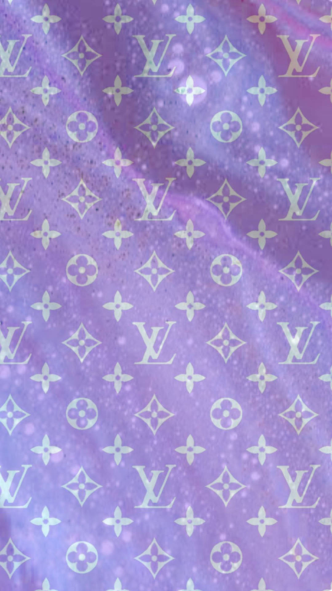 紫色漸變牆紙，帶有 Louis Vuitton 字母組合圖案和閃粉。