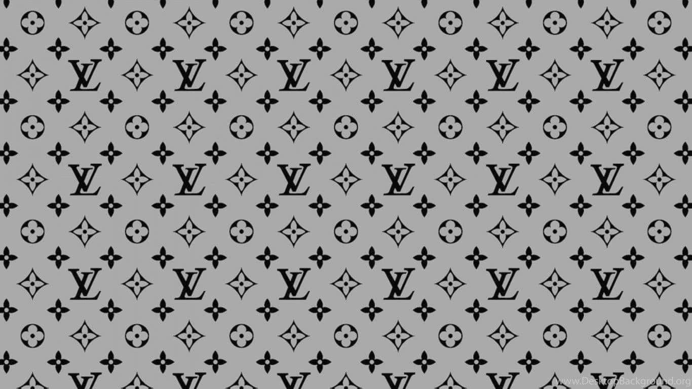灰色背景上重複的黑色 Louis Vuitton 標誌和花卉符號。