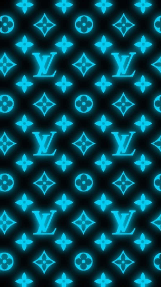 黑色背景上發光的青色Louis Vuitton字母組合圖案。
