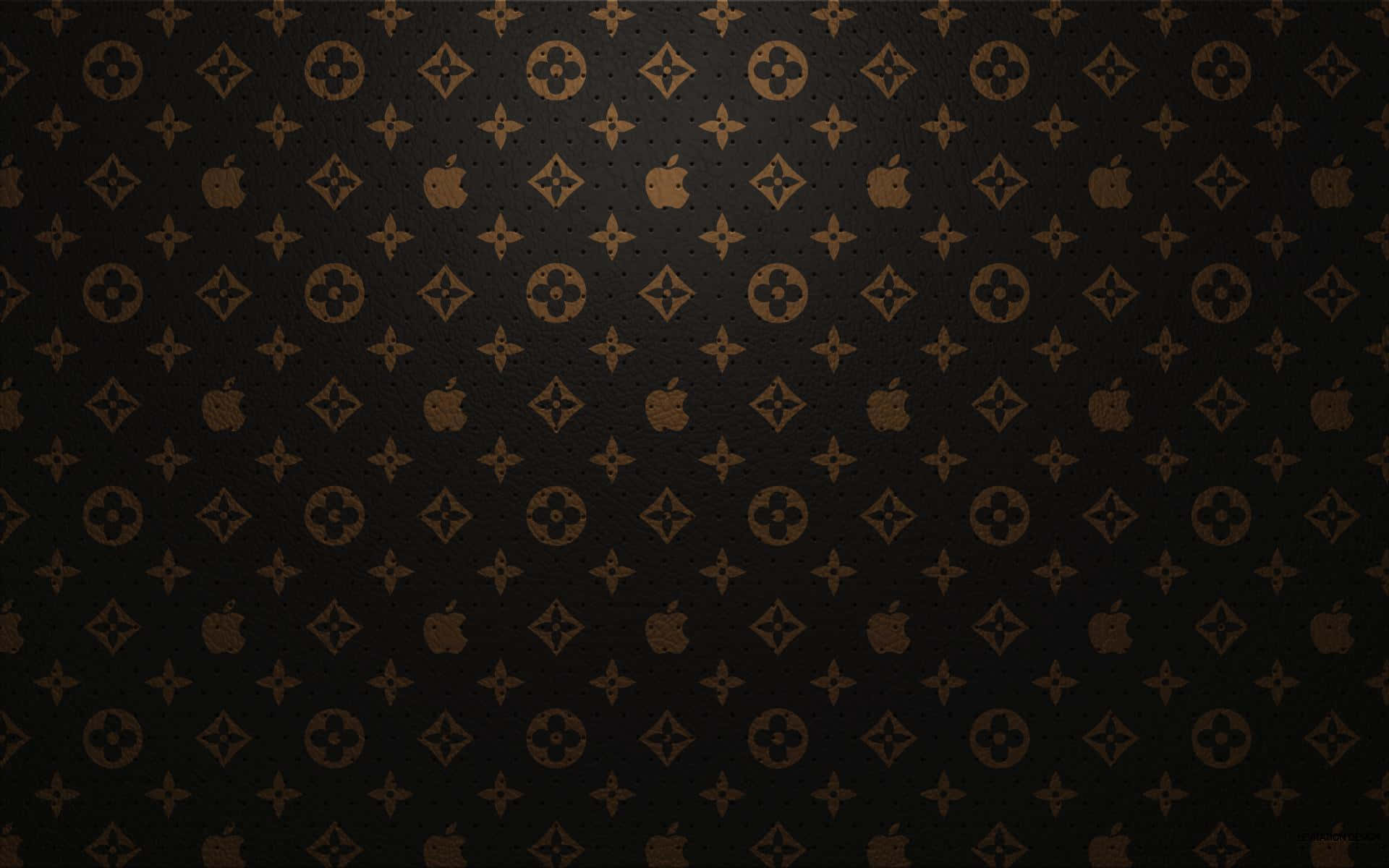 牆紙，黑色背景上重複出現棕色 Louis Vuitton 和 Apple 標誌。