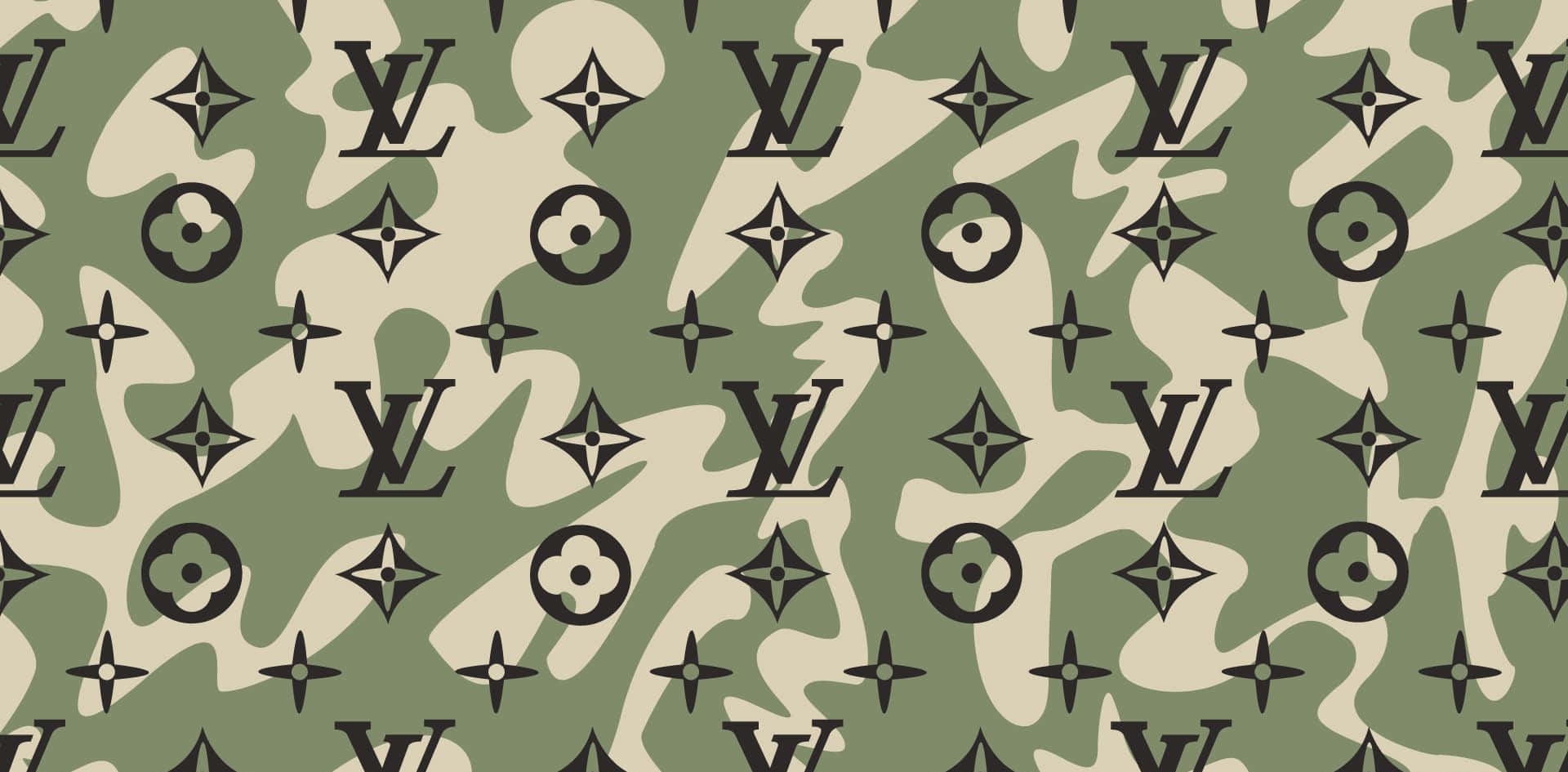 橄欖綠米色迷彩圖案，黑色 Louis Vuitton 標誌在表面重複出現。