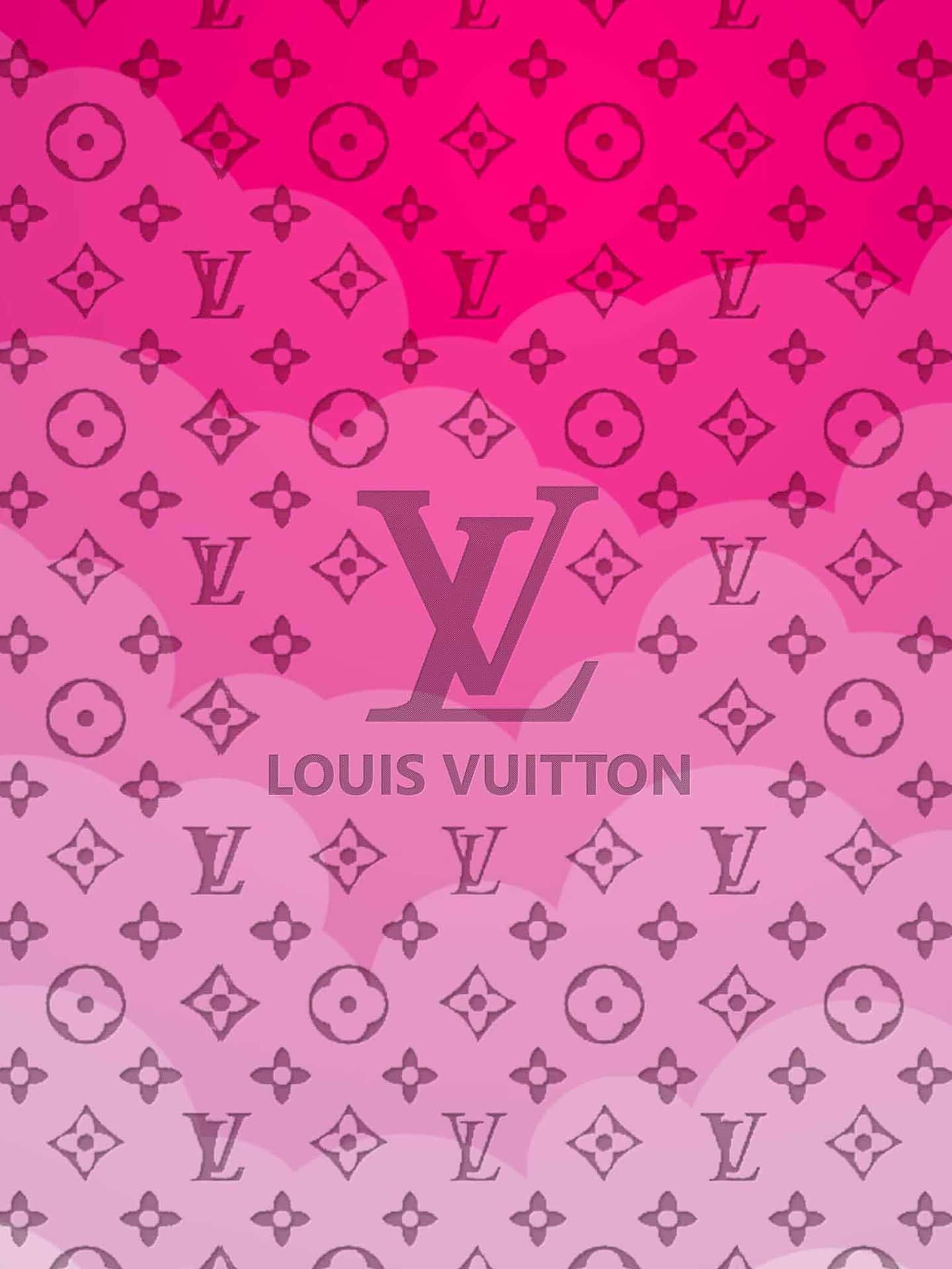 粉紅色漸變牆紙，帶有 Louis Vuitton 字母圖案和標誌。
