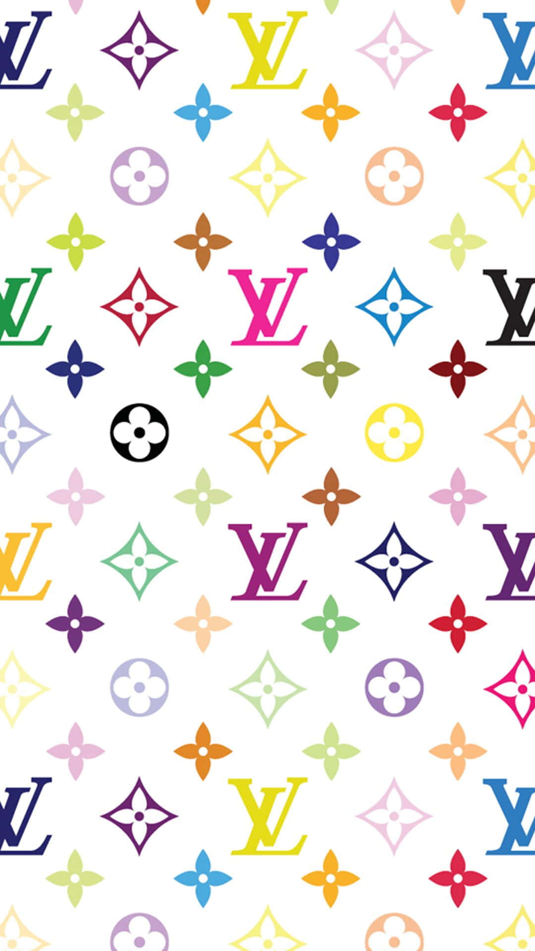 白色背景上色彩繽紛的Louis Vuitton字母圖案和花卉圖案。