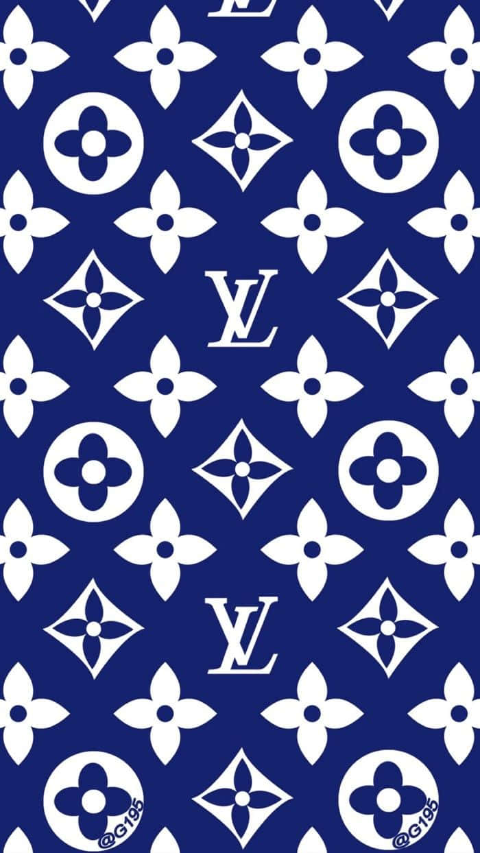 海軍藍色壁紙，帶有白色 Louis Vuitton 字母組合和標誌圖案。