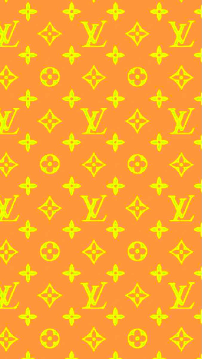 橙色背景，帶有黃色 Louis Vuitton 字母組合和花卉圖案。