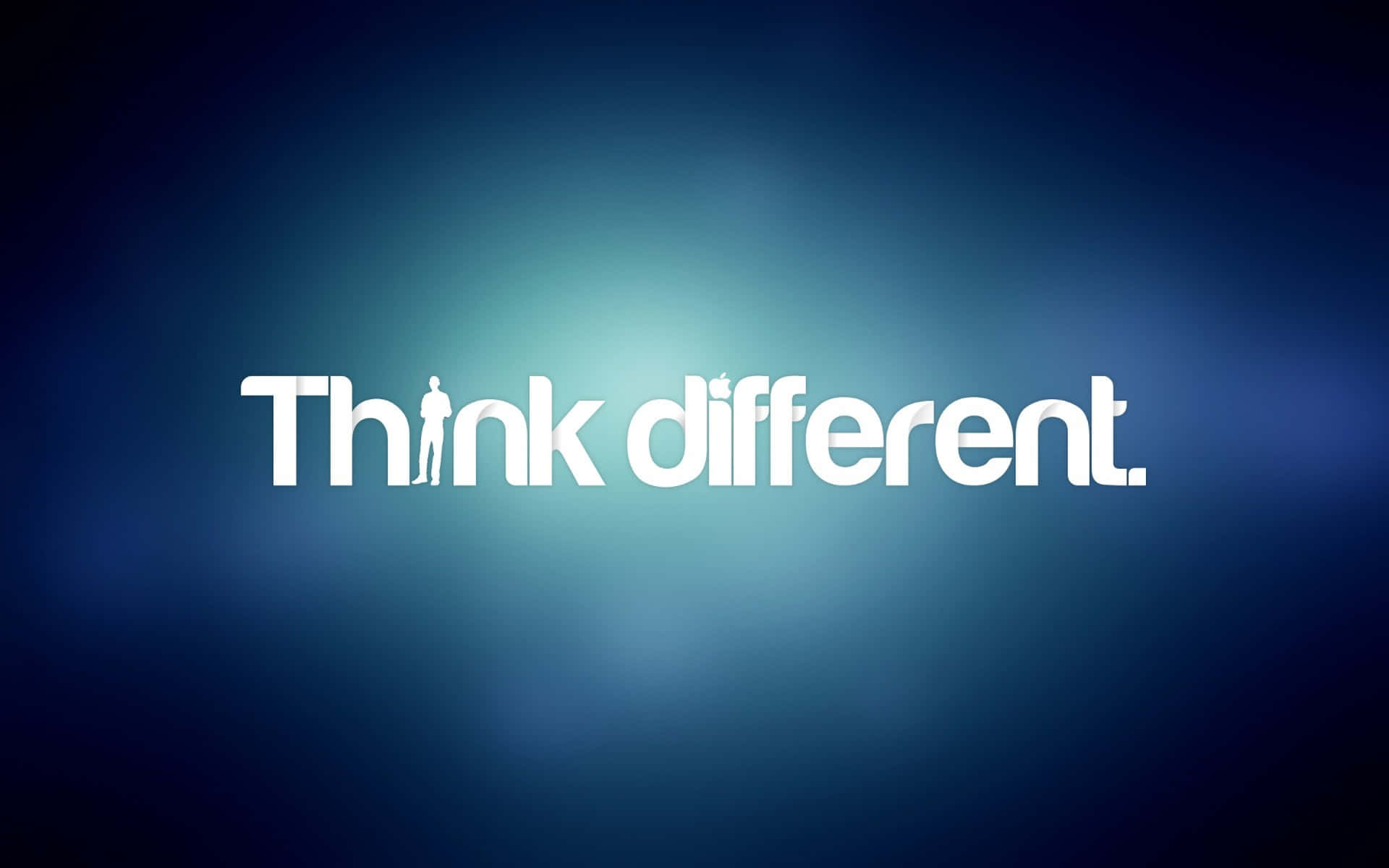 藍色漸變背景上，白色「Think different.」標語，其中「i」字以人物剪影取代。