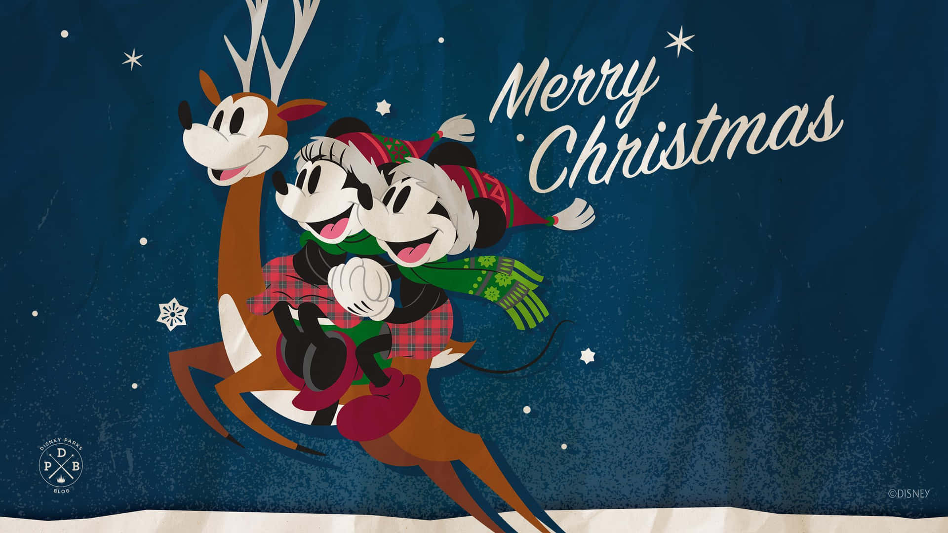 米奇和米妮老鼠在雪夜場景中騎著馴鹿，帶有 'Merry Christmas' 字樣。