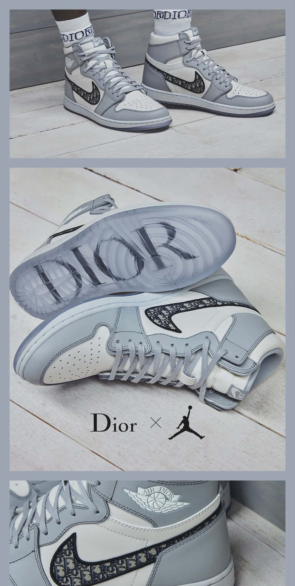 灰色和白色Dior x Jordan 1運動鞋以拼貼形式展示在木地板上。