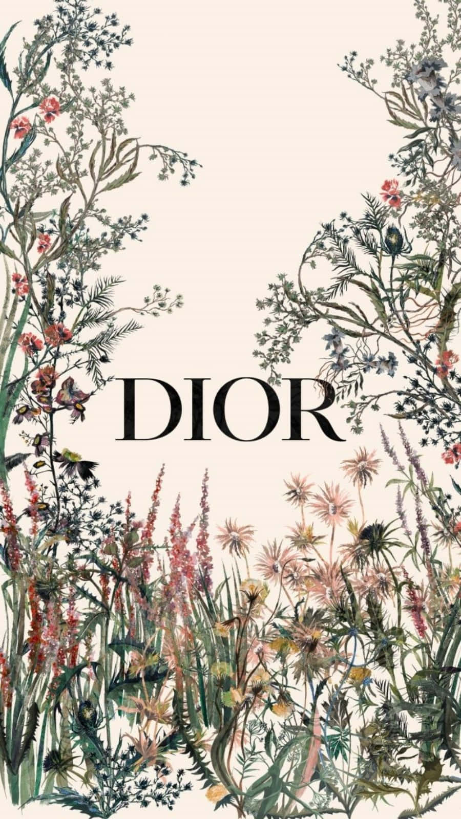 以迪奧手袋提升您的時尚造型 壁紙 — 優雅的花卉插圖，Dior 標誌居中，周圍環繞著茂盛的植物，背景為柔和的奶油色。