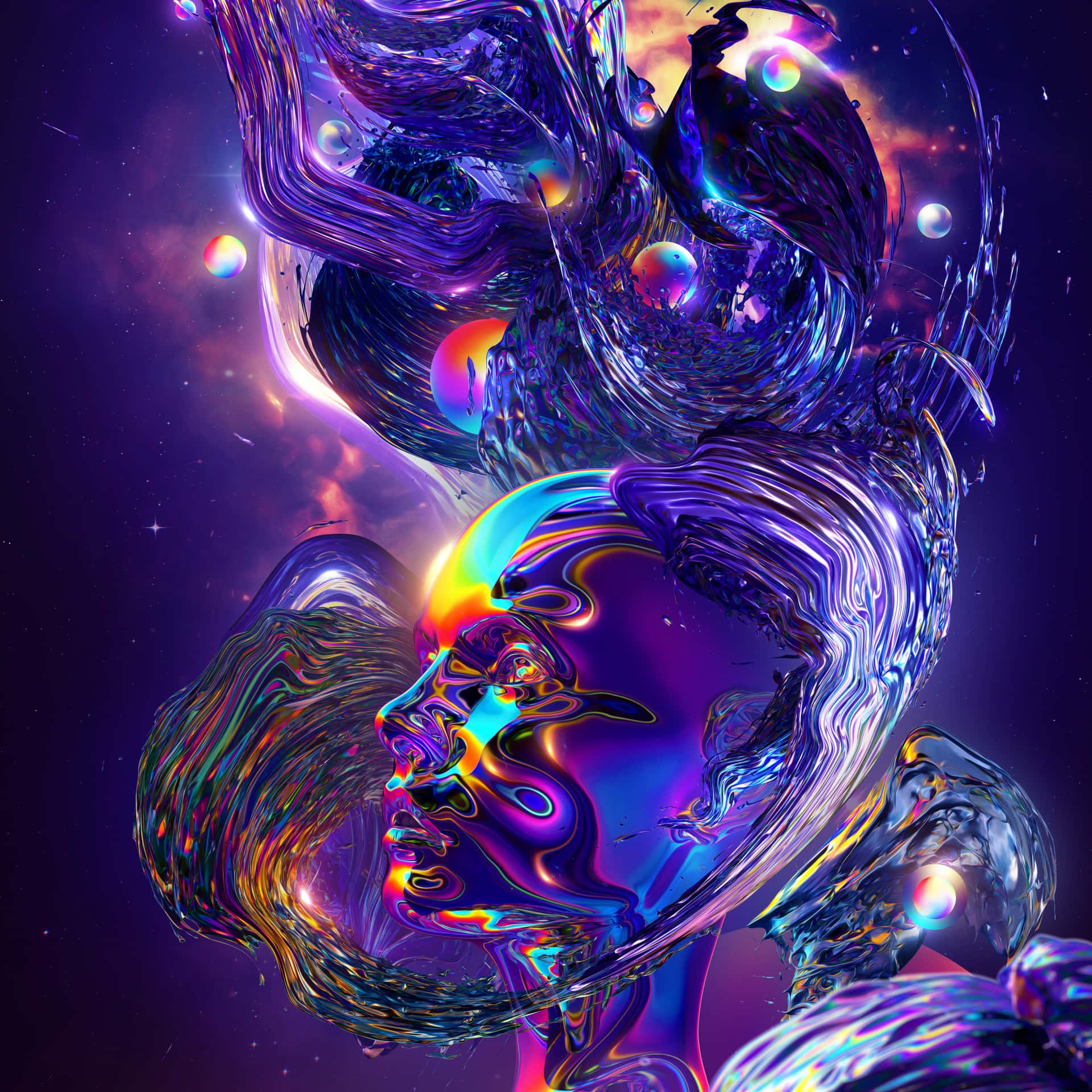 一個發光、液體般的人臉漂浮在色彩繽紛的宇宙空間中。