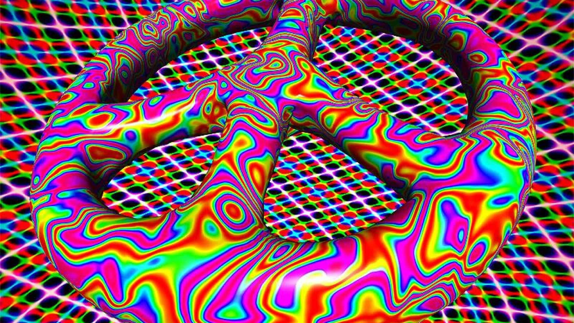 在數位網格背景上發光的彩虹和平符號。