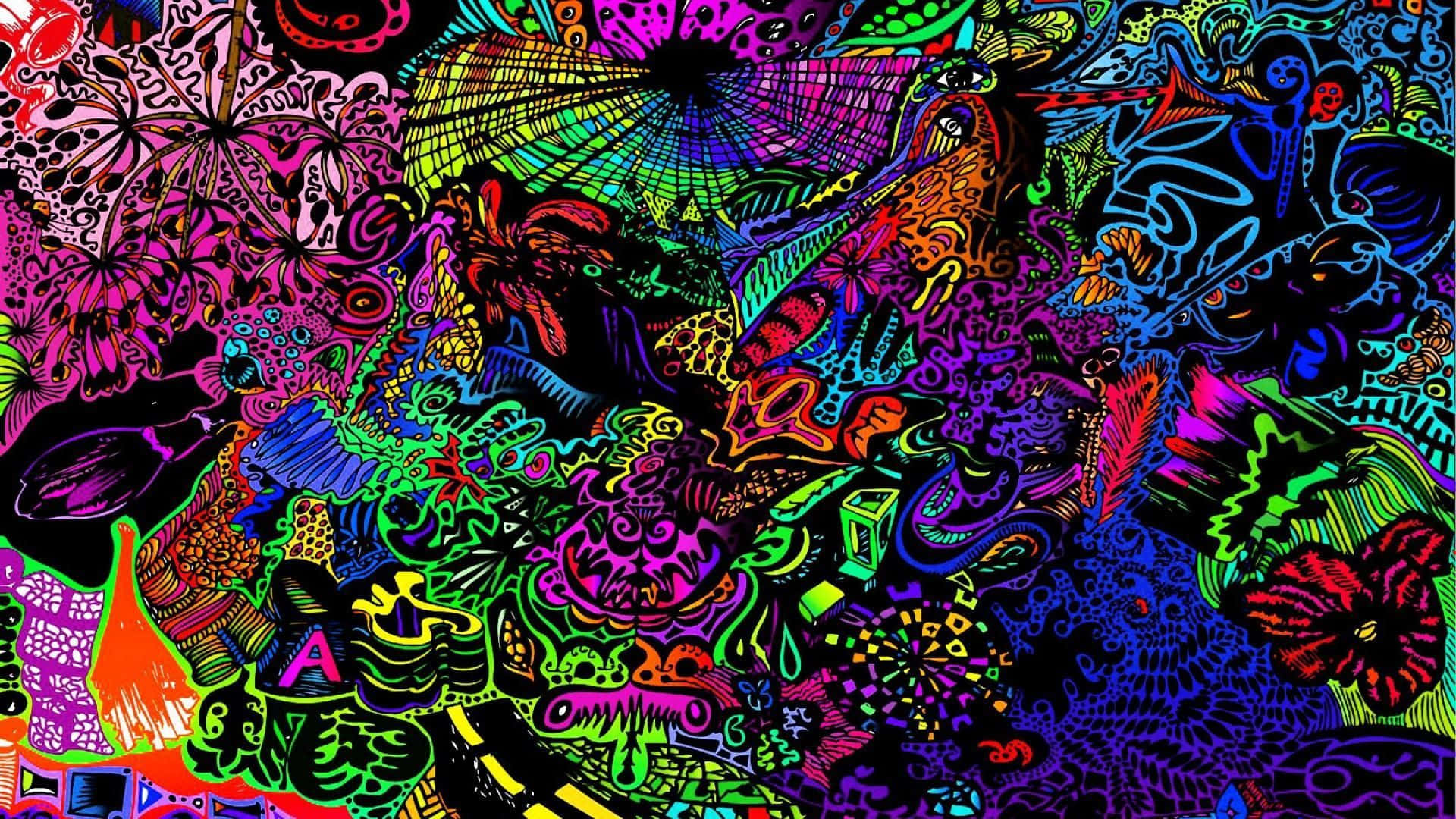 以迷幻桌面壁紙啟動你的想像力 壁紙 — 充滿活力的迷幻圖案在黑色背景上以霓虹色調爆發，營造出混亂而充滿能量的視覺盛宴。