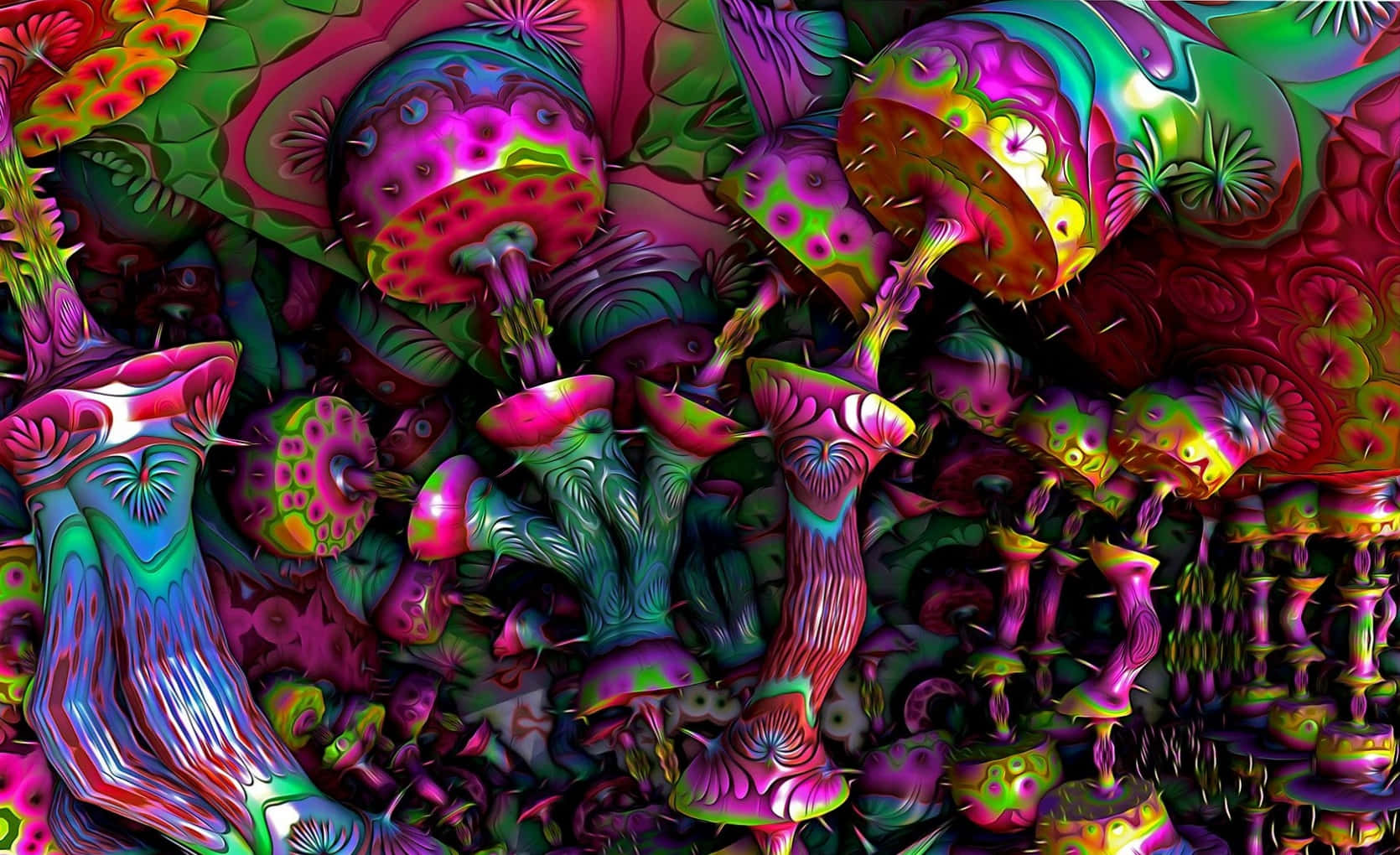 發光迷幻蘑菇的超現實數位藝術作品，色彩鮮豔，菌柄帶刺。