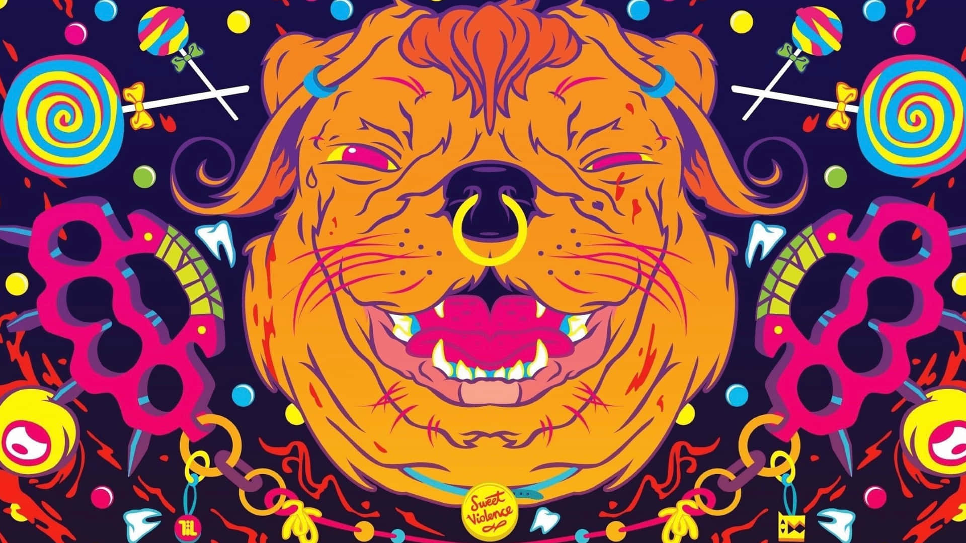 一隻卡通鬥牛犬，帶有金色鼻環和縫合的嘴巴，被糖果和指節銅套包圍。