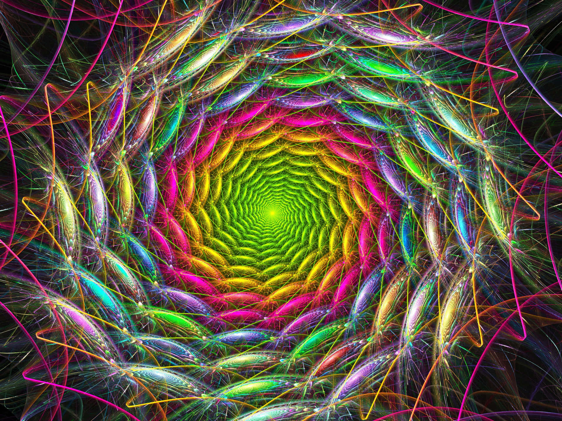 鮮豔的霓虹分形螺旋圖案，發光的卷鬚匯聚成一個綠色漩渦。