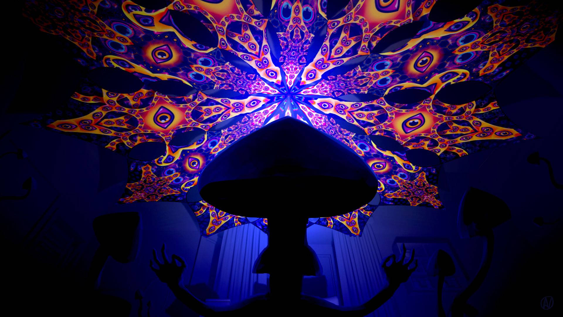 人在發光的迷幻分形天花板投影下形成剪影。