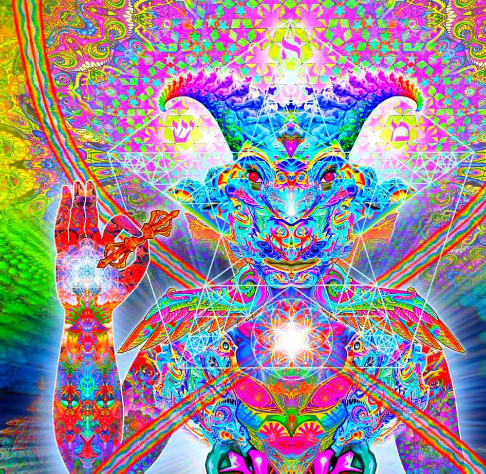 色彩繽紛的數碼神祇，帶有幾何圖案和光芒四射的光束。
