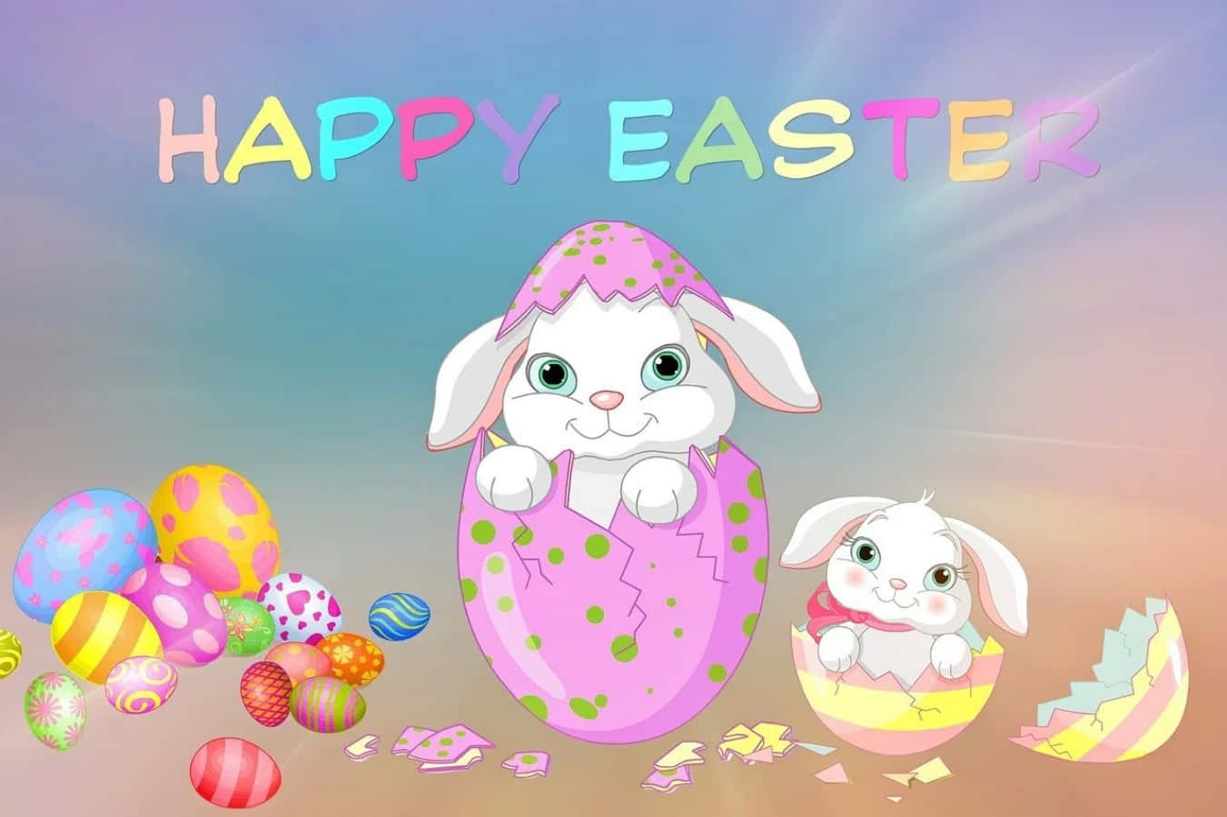 以這些色彩繽紛的彩蛋慶祝復活節！ 壁紙 — 兩隻可愛嘅卡通兔仔喺色彩繽紛嘅復活蛋中探出頭嚟，周圍係裝飾蛋，背景係柔和嘅天空。