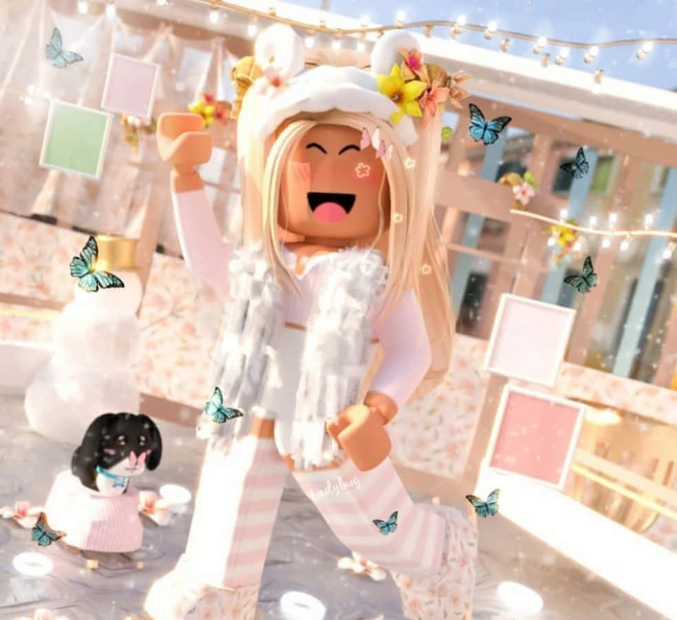 一個開朗的Roblox角色在裝飾過的房間裡與蝴蝶共舞。