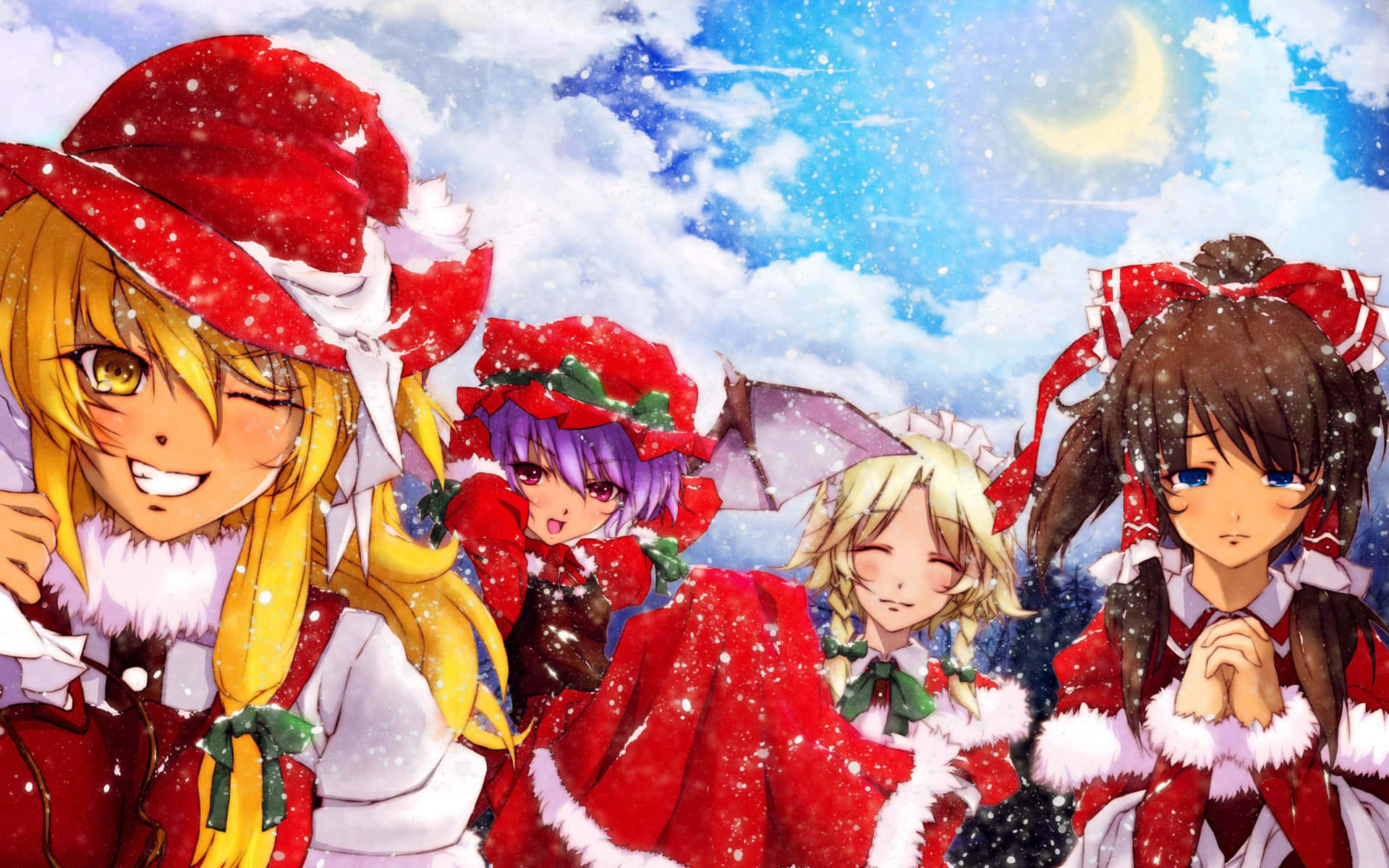 四個動漫女孩穿著冬季假期服裝，企喺月光下嘅落雪中。