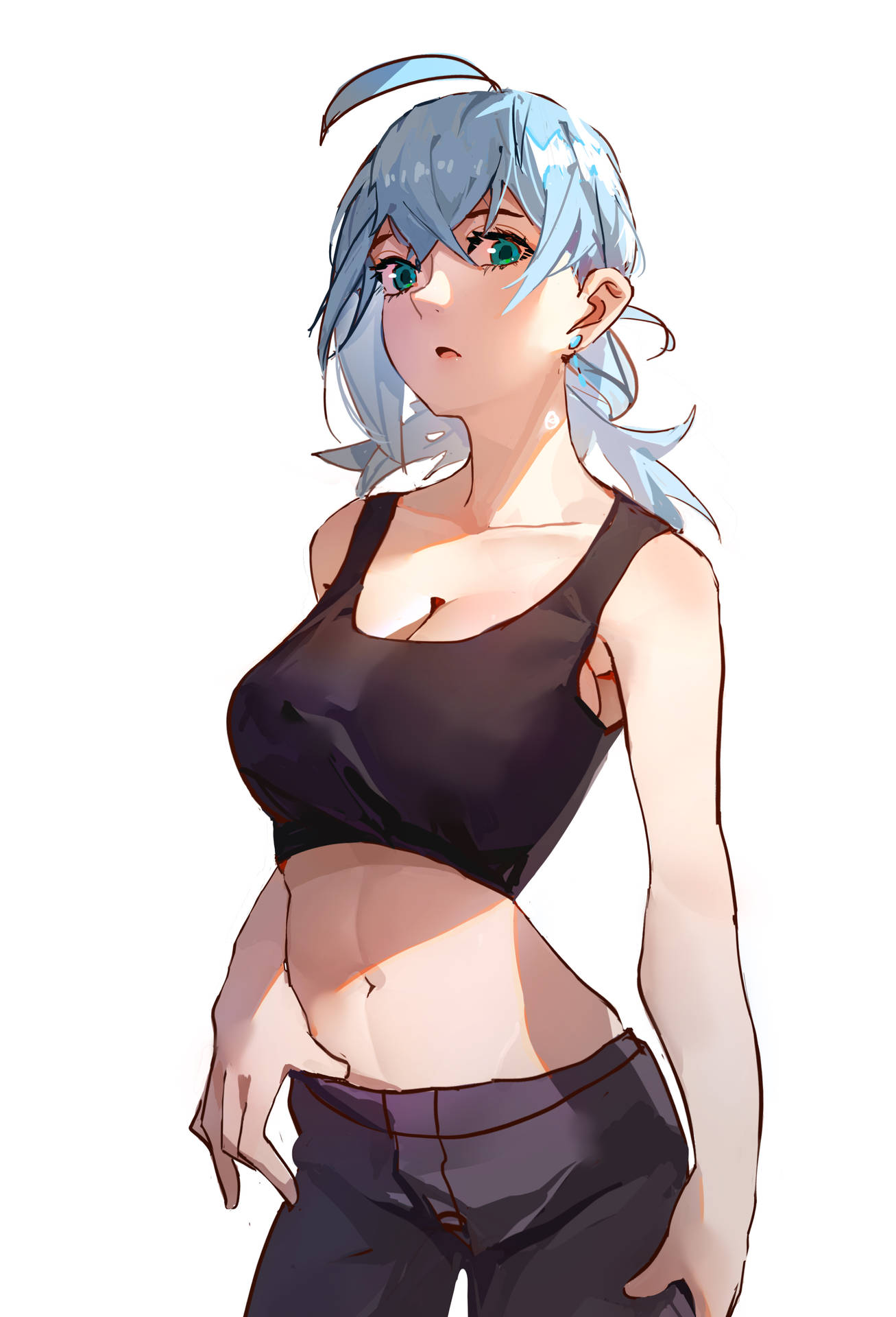 藍髮綠眼動漫女孩，黑色露臍上衣和牛仔褲。