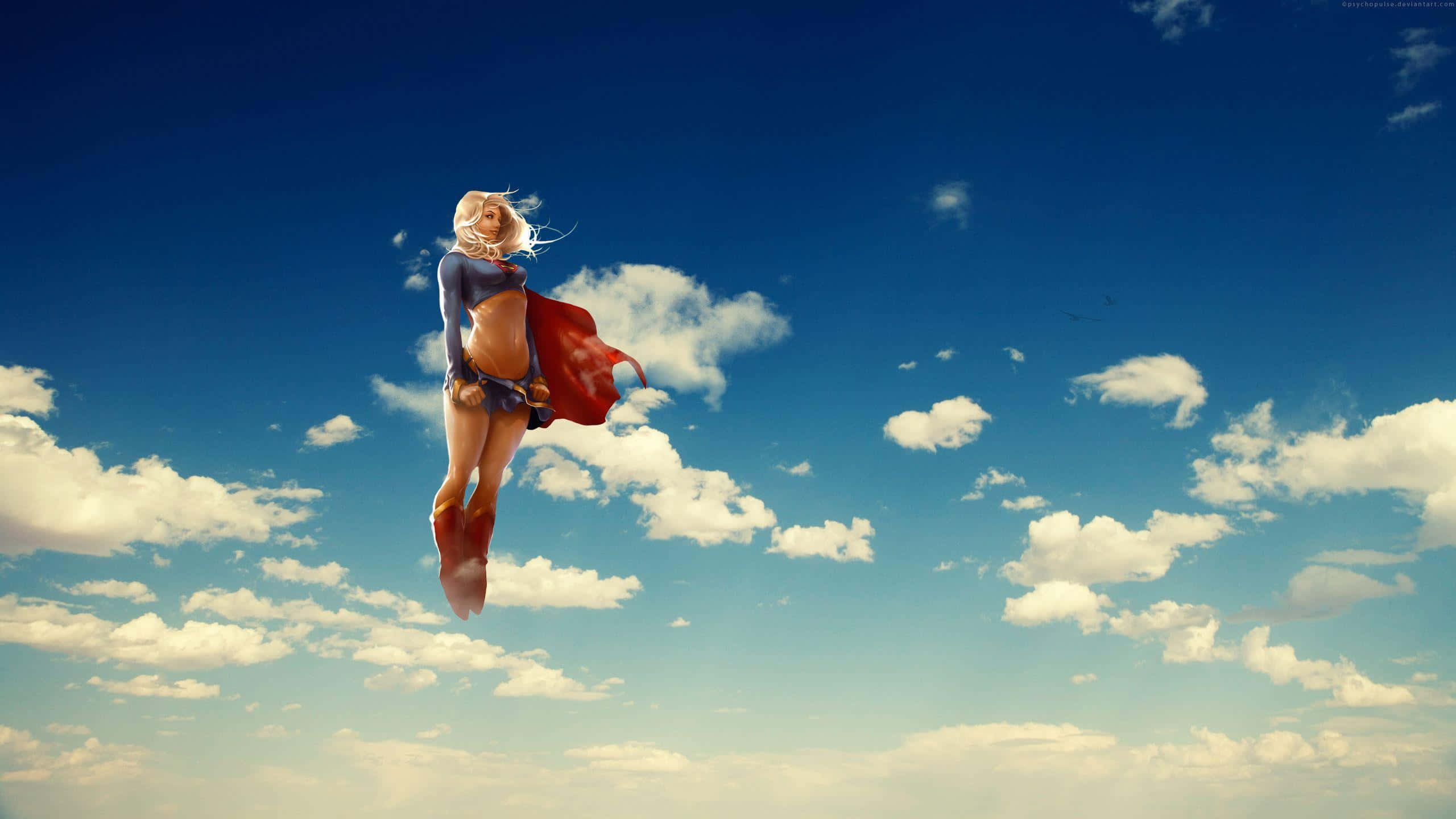 一位女超級英雄在陽光明媚、有雲的天空中飛行。