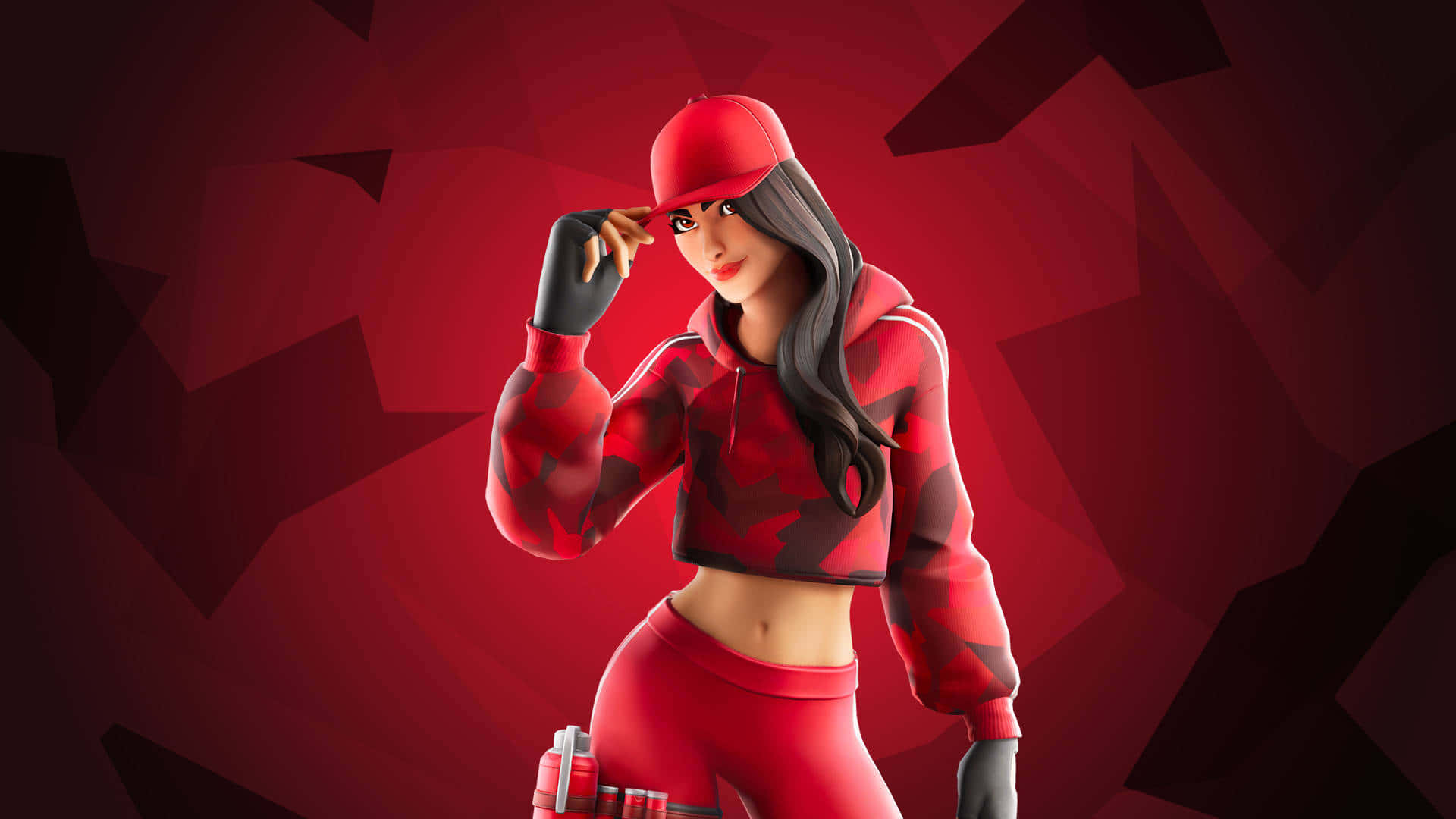 Fortnite角色穿著紅色迷彩服裝，手放在帽子上擺姿勢。