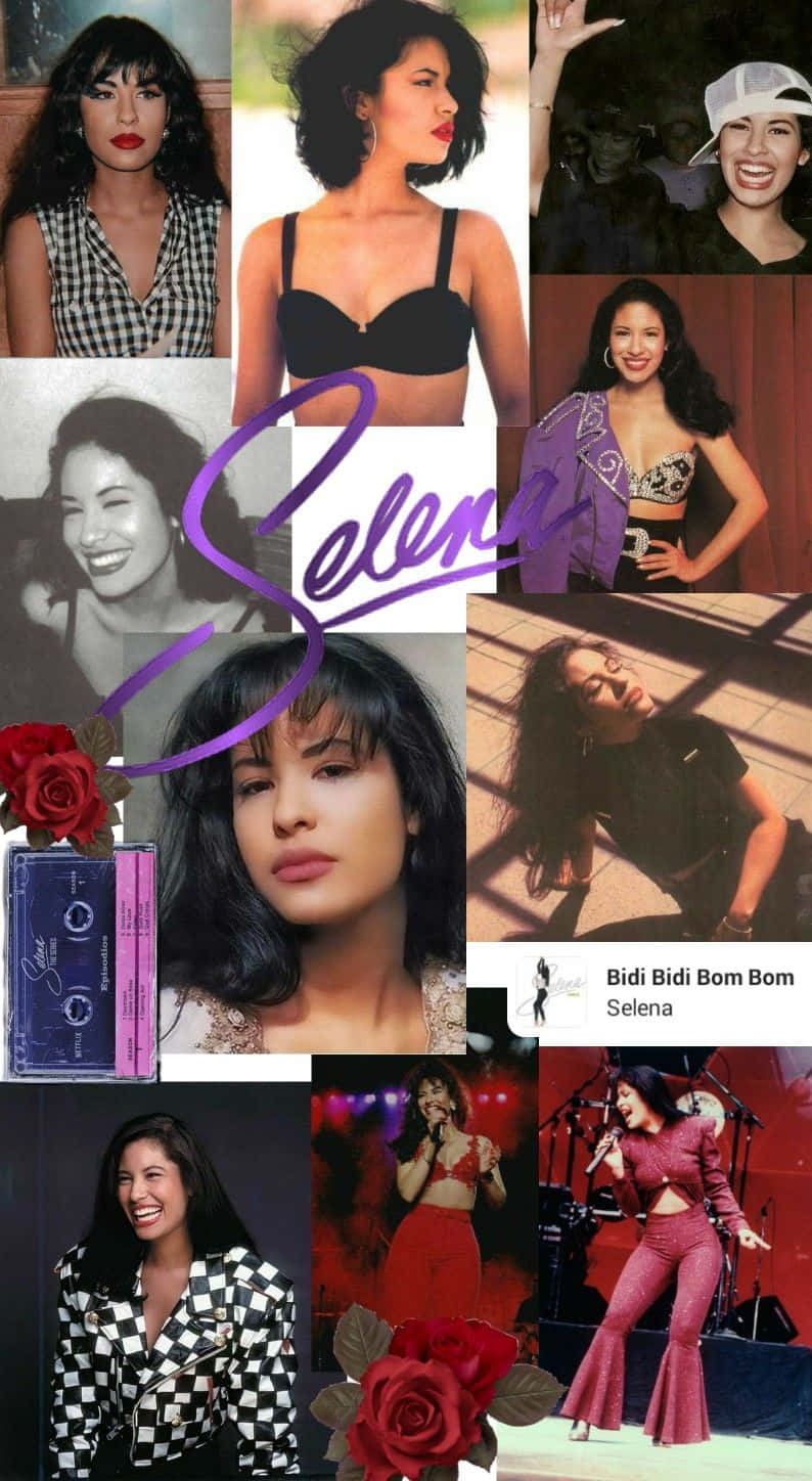 Selena Quintanilla照片、玫瑰、卡式錄音帶和紫色名字字體的拼貼畫。