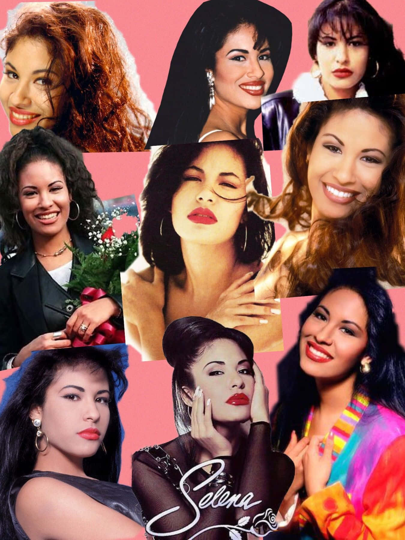 Selena Quintanilla在粉紅色背景下擺出迷人姿勢的拼貼畫。