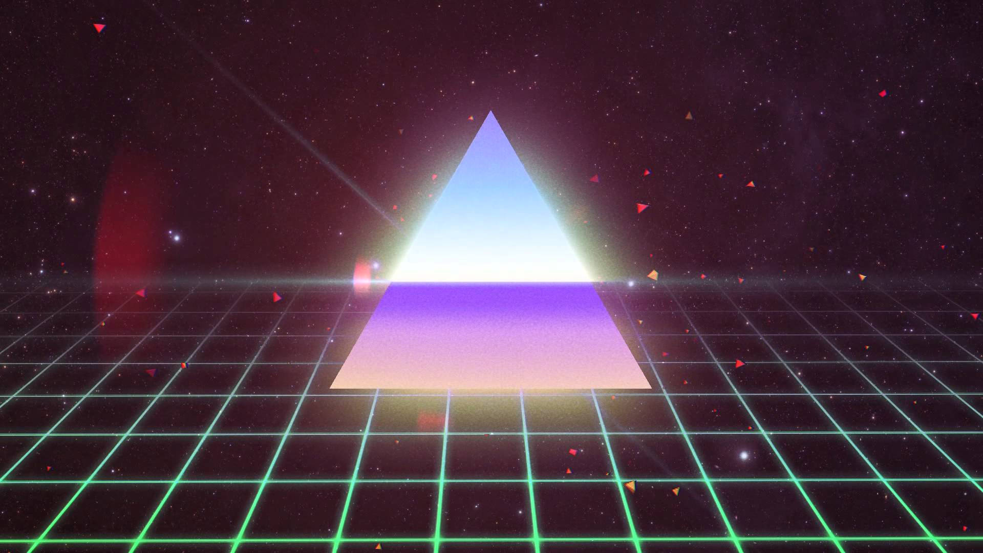 發光網格上的霓虹三角形，在星空復古未來主義的太空場景中