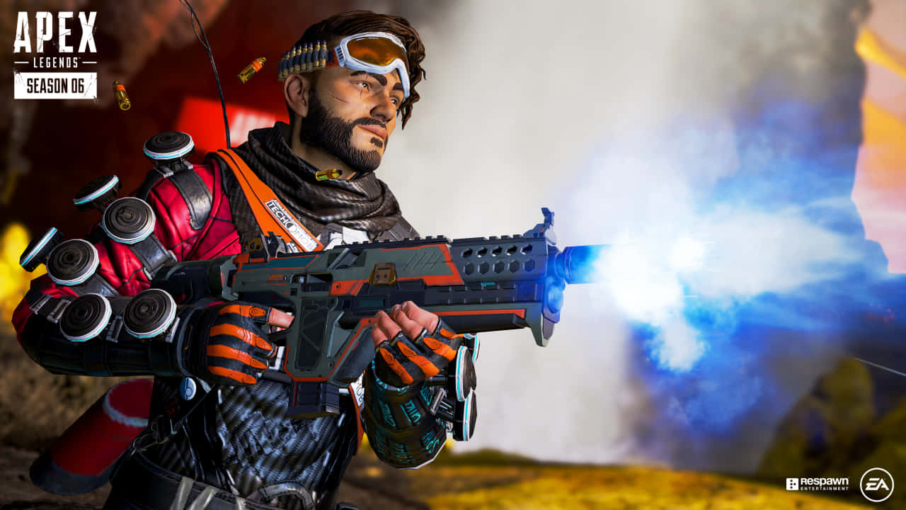 以這張經典背景展現你的Apex傳奇實力。 壁紙 — 一位留鬍鬚的Apex Legends士兵在煙霧和猛烈爆炸中發射發光的藍色武器。